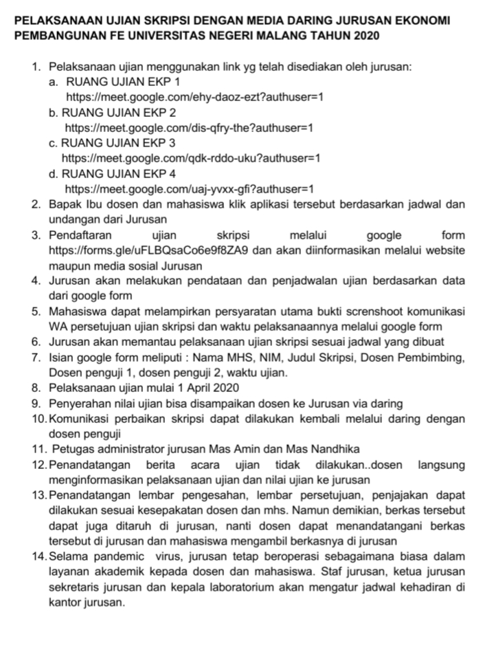 Pelaksanaan Ujian Skripsi dengan Media Daring Jurusan Ekonomi Pembangunan FE UM Tahun 2020